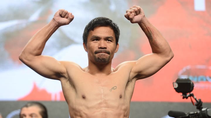 Jul 19, 2019; Las Vegas, NV, USA; Manny Pacquiao weighs in for his WBA welterweight world title boxing fight against Keith Thurman (not pictured) at MGM Grand Garden Arena. Mandatory Credit: Joe Camporeale-Imagn Images