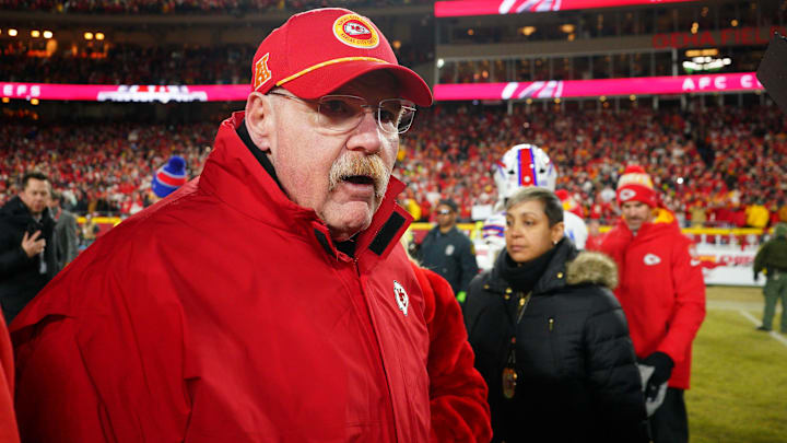 Kansas City Chiefs head coach Andy Reid reacts after the AFC Championship game against the Buffalo Bills at GEHA Field at Arrowhead Stadium.