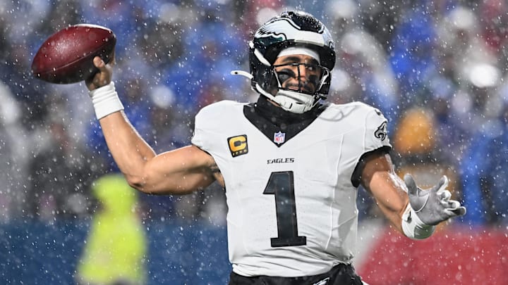Dec 28, 2025; Orchard Park, New York, USA; Philadelphia Eagles quarterback Jalen Hurts (1) throws a pass against the Buffalo Bills during the third quarter at Highmark Stadium. Mandatory Credit: Mark Konezny-Imagn Images Dec 28, 2025; Orchard Park, New York, USA; Philadelphia Eagles quarterback Jalen Hurts (1) throws a pass against the Buffalo Bills during the third quarter at Highmark Stadium. Mandatory Credit: Mark Konezny-Imagn Images