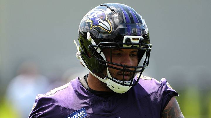 Baltimore Ravens lineman Jovaughn Gwyn (54) during practice at the Under Armour Performance Center. Baltimore Ravens lineman Jovaughn Gwyn (54) during practice at the Under Armour Performance Center.