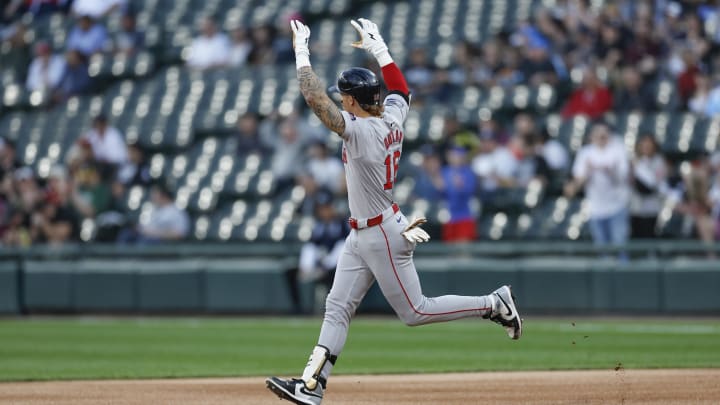 Jun 6, 2024; Chicago, Illinois, USA; Boston Red Sox outfielder Jarren Duran (16) rounds the bases after hitting a solo home run against the Chicago White Sox during the first inning at Guaranteed Rate Field.