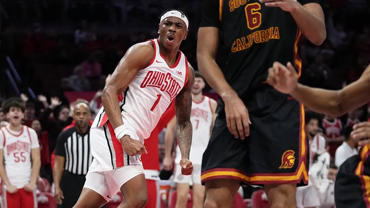 Ohio State Buckeyes forward Amare Bynum (1) reacts after a dunk during the second half of the NCAA men's basketball game against the USC Trojans at the Schottenstein Center on Feb. 11, 2026. Ohio State won 89-82. Ohio State Buckeyes forward Amare Bynum (1) reacts after a dunk during the second half of the NCAA men's basketball game against the USC Trojans at the Schottenstein Center on Feb. 11, 2026. Ohio State won 89-82.