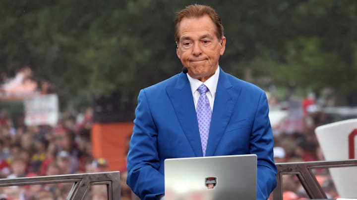 Nick Saban is on stage at ESPN College GameDay ahead of the University of Oklahoma-Michigan College football game on Sep 6, 2025 in Norman.