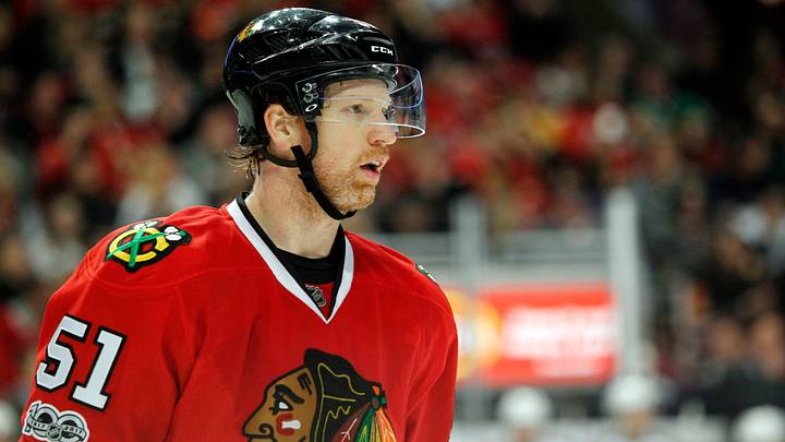 Mar 19, 2017; Chicago, IL, USA; Chicago Blackhawks defenseman Brian Campbell (51) looks on during the second period of the game against the Colorado Avalanche at United Center. Mandatory Credit: Caylor Arnold-USA TODAY Sports