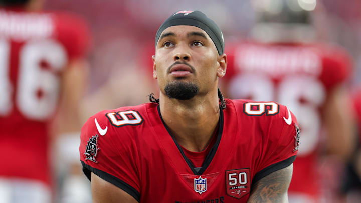 Tampa Bay Buccaneers wide receiver Emeka Egbuka (9) looks on before a preseason game against the Tennessee Titans at Raymond James Stadium. Tampa Bay Buccaneers wide receiver Emeka Egbuka (9) looks on before a preseason game against the Tennessee Titans at Raymond James Stadium.