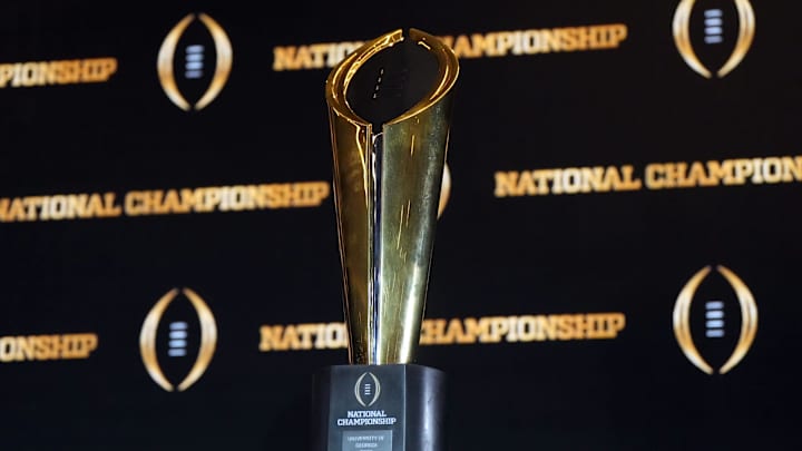 Jan 10, 2023; Los Angeles, CA, USA; The College Football Playoff National Championship trophy at CFP