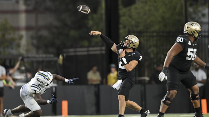 Aug 30, 2025; Nashville, Tennessee, USA;  Vanderbilt Commodores quarterback Diego Pavia (2) throws a pass against the Charleston Southern Buccaneers during the first half at FirstBank Stadium. Mandatory Credit: Steve Roberts-Imagn Images