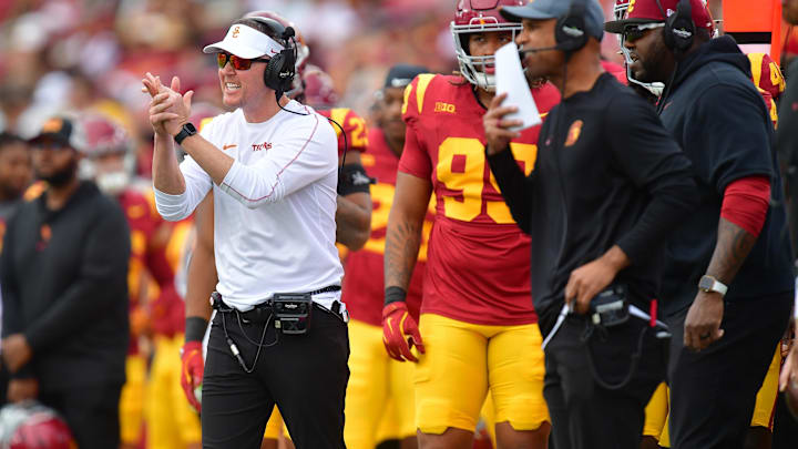 Nov 30, 2024; Los Angeles, California, USA; Southern California Trojans head coach Lincoln Riley watches game action against the Notre Dame Fighting Irish during the first half at the Los Angeles Memorial Coliseum. Mandatory Credit: Gary A. Vasquez-Imagn Images
