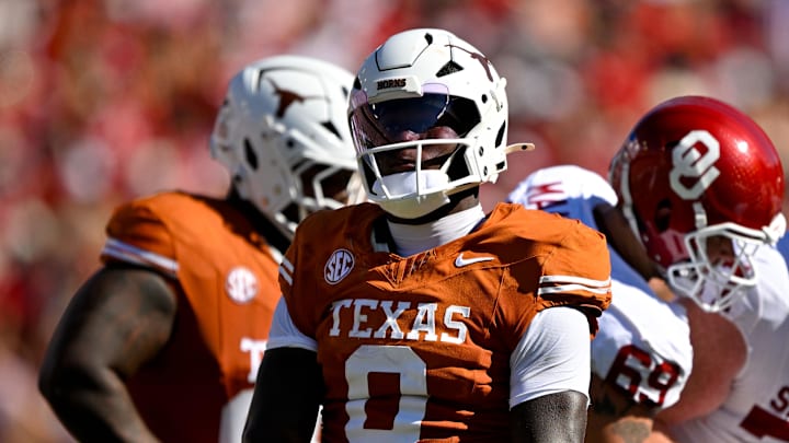 Texas Longhorns linebacker Anthony Hill Jr. celebrates after a defensive stop against the Oklahoma Sooners during the first half