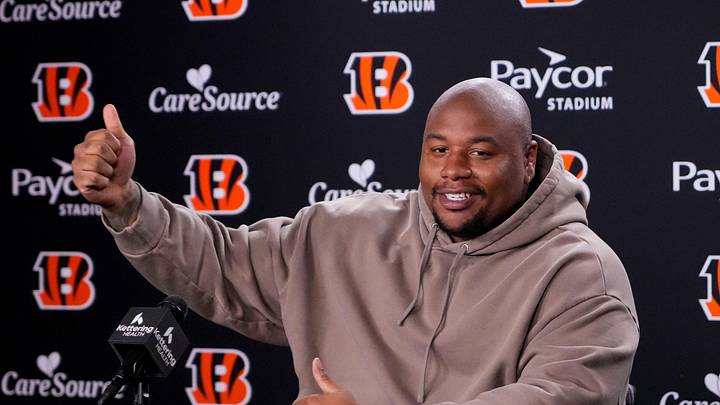 Newly signed Cincinnati Bengals defense tackle Dexter Lawrence speaks in a press conference for the first time since joining the team at Paycor Stadium in Cincinnati on Monday, April 20, 2026.
