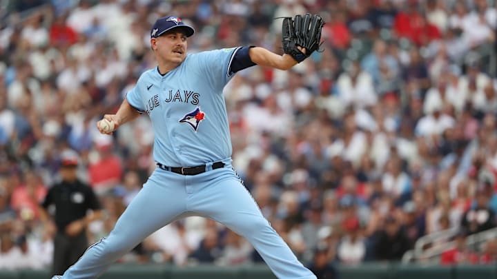 Oct 3, 2023; Minneapolis, Minnesota, USA; Toronto Blue Jays relief pitcher Erik Swanson (50) delvers