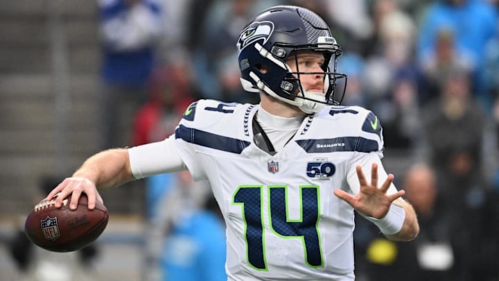 Seattle Seahawks quarterback Sam Darnold throws a pass against the Carolina Panthers.