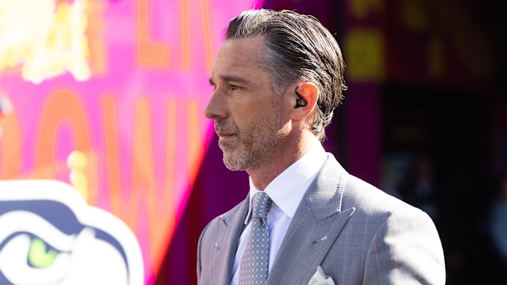 Feb 8, 2026; Santa Clara, CA, USA; NBC Sports analyst Kyle Shanahan prior to the New England Patriots game against the Seattle Seahawks in Super Bowl LX at Levi's Stadium. Mandatory Credit: Mark J. Rebilas-Imagn Images