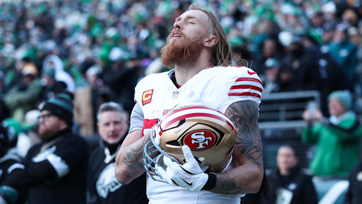 Jan 11, 2026; Philadelphia, PA, USA; San Francisco 49ers tight end George Kittle before action against the Philadelphia Eagles in an NFC Wild Card Round game at Lincoln Financial Field. Mandatory Credit: Bill Streicher-Imagn Images