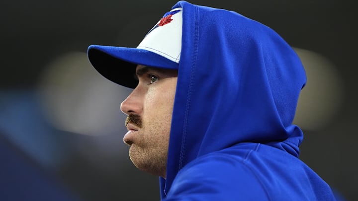 Oct 12, 2025; Toronto, Ontario, CAN; Toronto Blue Jays pitcher Shane Bieber (57) looks on from the dugout in the sixth inning against the Seattle Mariners during game one of the ALCS round for the 2025 MLB playoffs at Rogers Centre. Mandatory Credit: John E. Sokolowski-Imagn Images