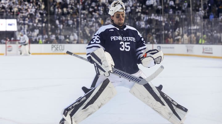 Penn State Nittany Lions goaltender Kevin Reidler (35) stretches prior to the start of overtime against the Michigan State Spartans at Beaver Stadium. Penn State Nittany Lions goaltender Kevin Reidler (35) stretches prior to the start of overtime against the Michigan State Spartans at Beaver Stadium.