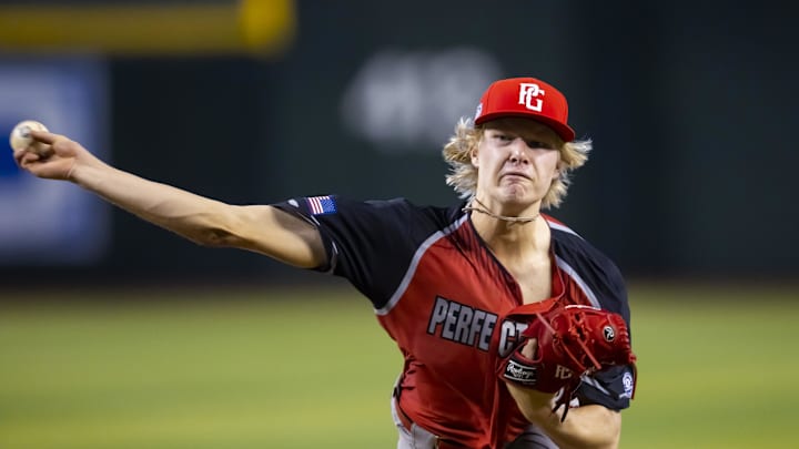 Aug 28, 2022; Phoenix, Arizona, US; West pitcher Zander Mueth (13) during the Perfect Game All-American Classic high school baseball game at Chase Field. Mandatory Credit: Mark J. Rebilas-Imagn Images
