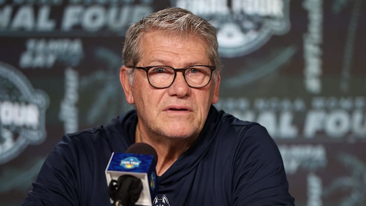 Apr 5, 2025; Tampa, FL, USA; UConn Huskies head coach Geno Auriemma talks to media before the NCAA Woman’s Final practice at Amalie Arena. Mandatory Credit: Nathan Ray Seebeck-Imagn Images