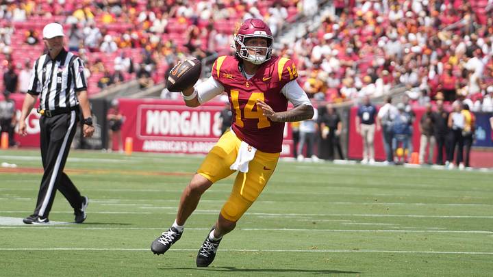 Aug 29, 2026; Los Angeles, California, USA; Southern California Trojans quarterback Jayden Maiava (14) throws the ball against the San Jose State Spartans at United Airlines Field at Los Angeles Memorial Coliseum. Mandatory Credit: Kirby Lee-Imagn Images