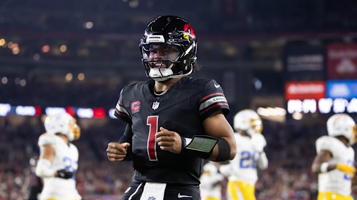 Oct 21, 2024; Glendale, Arizona, USA; Arizona Cardinals quarterback Kyler Murray (1) celebrates after running for a touchdown against the Los Angeles Chargers in the second half at State Farm Stadium. Mandatory Credit: Mark J. Rebilas-Imagn Images Oct 21, 2024; Glendale, Arizona, USA; Arizona Cardinals quarterback Kyler Murray (1) celebrates after running for a touchdown against the Los Angeles Chargers in the second half at State Farm Stadium. Mandatory Credit: Mark J. Rebilas-Imagn Images