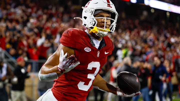 Nov 22, 2025; Stanford, California, USA; Stanford Cardinal wide receiver CJ Williams (3) celebrates after catching a touchdown pass during the fourth quarter against the California Golden Bears at Stanford Stadium. Mandatory Credit: Sergio Estrada-Imagn Images