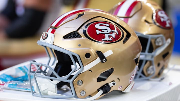 Jan 5, 2025; Glendale, Arizona, USA; Detailed view of a San Francisco 49ers helmet at State Farm Stadium. Mandatory Credit: Mark J. Rebilas-Imagn Images Jan 5, 2025; Glendale, Arizona, USA; Detailed view of a San Francisco 49ers helmet at State Farm Stadium. Mandatory Credit: Mark J. Rebilas-Imagn Images