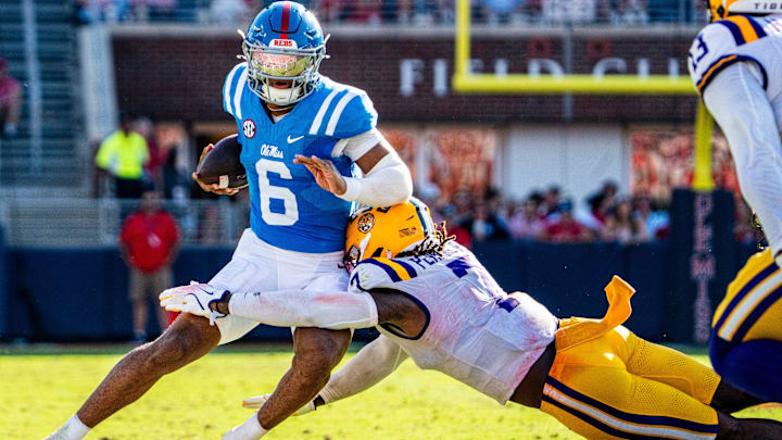 Ole Miss quarterback Trinidad Chambliss (6) carries the ball during a college football game between Ole Miss and LSU at Vaught-Hemingway Stadium in Oxford, Miss., on Saturday, Sept. 27, 2025.