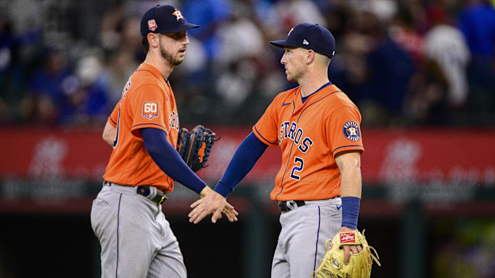 Apr 28, 2022; Arlington, Texas, USA; Houston Astros third baseman Alex Bregman (2) and right fielder Kyle Tucker (30) celebrate the win over the Texas Rangers at Globe Life Field