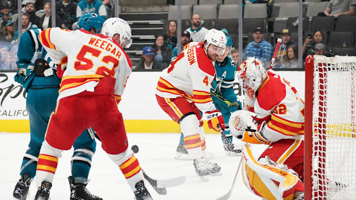 Apr 9, 2024; San Jose, California, USA; Calgary Flames defenseman MacKenzie Weegar (52), Calgary