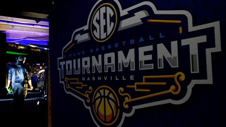 The SEC men’s basketball tournament logo Wednesday, March 12, 2025, in Nashville, Tenn.