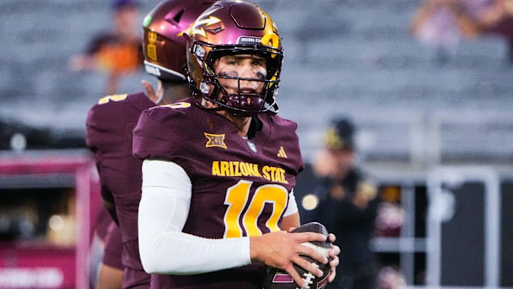 Sep 13, 2025; Tempe, Arizona, USA;  Arizona State Sun Devils quarterback Sam Leavitt (10) warms-up before a game against Texas State Bobcats at Mountain America Stadium. Mandatory Credit: Arianna Grainey-Imagn Images
