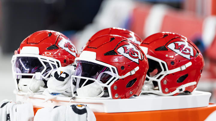 Aug 9, 2025; Glendale, Arizona, USA; Detailed view of a Kansas City Chiefs helmet during a preseason NFL game at State Farm Stadium. Mandatory Credit: Mark J. Rebilas-Imagn Images