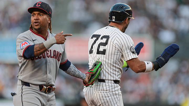 Jun 3, 2026: Cleveland Guardians third baseman Jose Ramirez (11) reacts after tagging out New York Yankees shortstop Jose Caballero (72) during a run down in the second inning  at Yankee Stadium. 