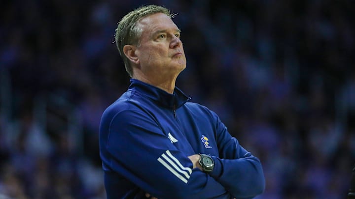 Feb 8, 2025; Manhattan, Kansas, USA; Kansas Jayhawks head coach Bill Self watches his team during the second half against the Kansas State Wildcats at Bramlage Coliseum. Mandatory Credit: Scott Sewell-Imagn Images