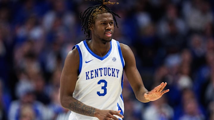 Jan 21, 2026; Lexington, Kentucky, USA; Kentucky Wildcats guard Kam Williams (3) reacts after making a three point basket during the first half against the Texas Longhorns at Rupp Arena at Central Bank Center. Mandatory Credit: Jordan Prather-Imagn Images
