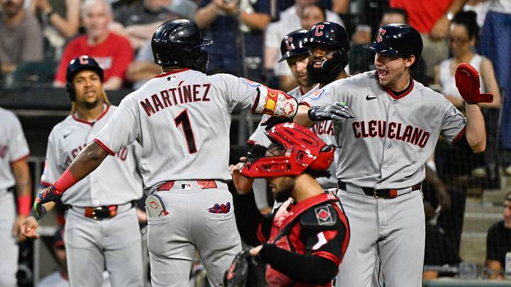 Aug 7, 2026: Cleveland Guardians left fielder Angel Martínez (1) celebrates with Cleveland Guardians right fielder Chase DeLauter (24), right, after they score on his grand slam during the fifth inning against the Chicago White Sox at Rate Field. Credit: Matt Marton-Imagn Images Aug 7, 2026: Cleveland Guardians left fielder Angel Martínez (1) celebrates with Cleveland Guardians right fielder Chase DeLauter (24), right, after they score on his grand slam during the fifth inning against the Chicago White Sox at Rate Field. Credit: Matt Marton-Imagn Images