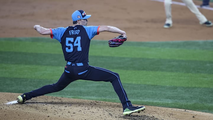 Jul 16, 2024; Arlington, Texas, USA; National League pitcher Max Fried of the Atlanta Braves pitches during the first inning during the 2024 MLB All-Star game at Globe Life Field. Mandatory Credit: Tim Heitman-Imagn Images Jul 16, 2024; Arlington, Texas, USA; National League pitcher Max Fried of the Atlanta Braves pitches during the first inning during the 2024 MLB All-Star game at Globe Life Field. Mandatory Credit: Tim Heitman-Imagn Images