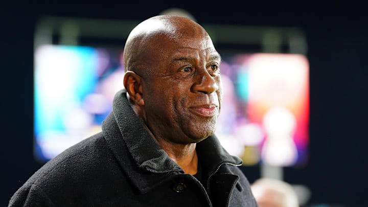 Nov 23, 2024; Kansas City, Missouri, USA; Magic Johnson attends the 2024 NWSL Championship match at CPKC Stadium. Mandatory Credit: Denny Medley-Imagn Images