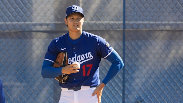Feb 25, 2025; Phoenix, Arizona, USA; Los Angeles Dodgers pitcher Shohei Ohtani during workouts at Camelback Ranch-Glendale.