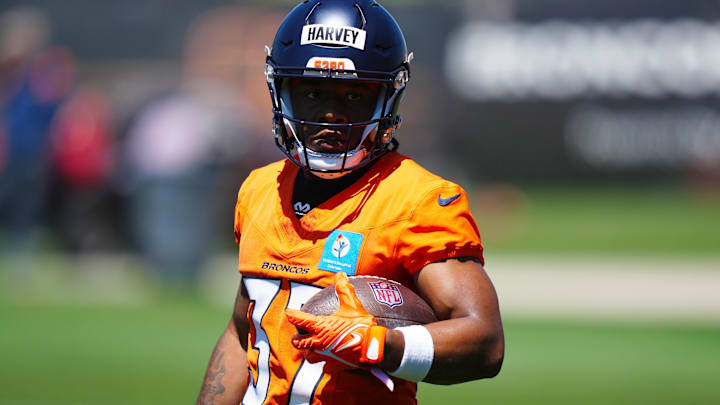 May 10, 2025; Englewood, CO, USA; Denver Broncos running back RJ Harvey (37) during rookie minicamp at Broncos Park Powered by CommonSpirit. Mandatory Credit: Ron Chenoy-Imagn Images