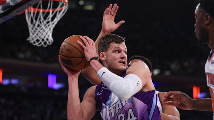 Jan 1, 2025; New York, New York, USA; Utah Jazz center Walker Kessler (24) secures the ball after a rebound during the first half against the New York Knicks at Madison Square Garden. Mandatory Credit: Vincent Carchietta-Imagn Images Jan 1, 2025; New York, New York, USA; Utah Jazz center Walker Kessler (24) secures the ball after a rebound during the first half against the New York Knicks at Madison Square Garden. Mandatory Credit: Vincent Carchietta-Imagn Images
