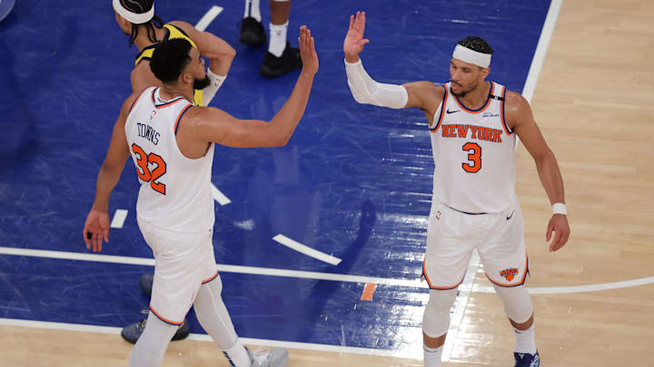 May 29, 2025; New York, New York, USA; New York Knicks center Karl-Anthony Towns (32) and guard Josh Hart (3) react in the fourth quarter against the Indiana Pacers during game five of the eastern conference finals for the 2025 NBA Playoffs at Madison Square Garden. Mandatory Credit: Brad Penner-Imagn Images