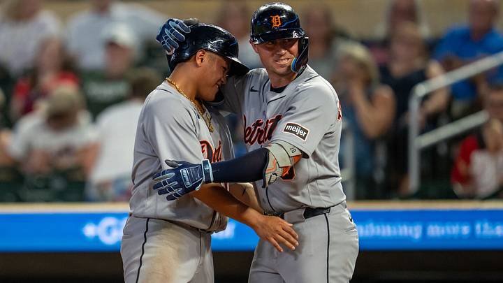 Detroit Tigers second baseman Hao-Yu Lee (50) and Detroit Tigers first baseman Spencer Torkelson (20) celebrate after scoring. Credit: Jesse Johnson-Imagn Images Detroit Tigers second baseman Hao-Yu Lee (50) and Detroit Tigers first baseman Spencer Torkelson (20) celebrate after scoring. Credit: Jesse Johnson-Imagn Images