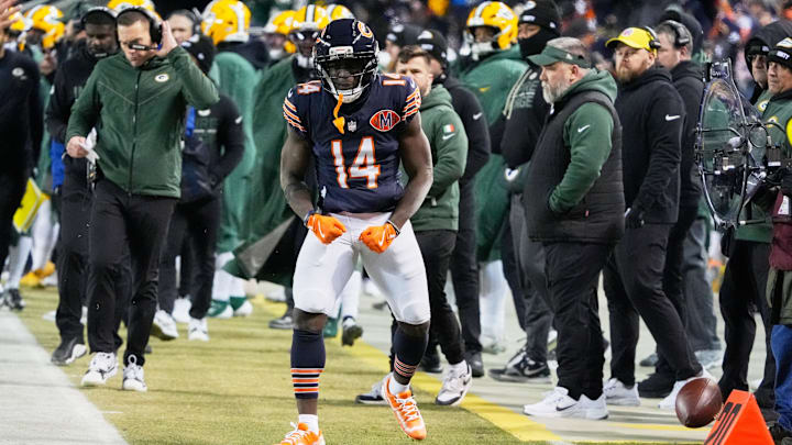 Bears receiver Olamide Zaccheaus reacts on the Packers sideline after catching a pass during the first quarter last week. Bears receiver Olamide Zaccheaus reacts on the Packers sideline after catching a pass during the first quarter last week.