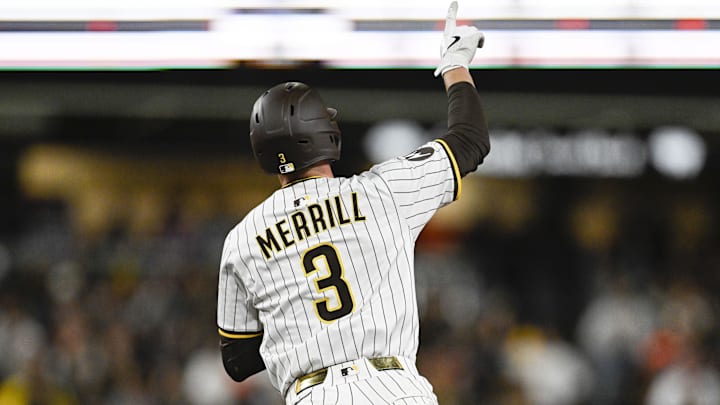 Apr 1, 2025; San Diego, California, USA; San Diego Padres center fielder Jackson Merrill (3) rounds the bases after hitting a solo home run during the fourth inning against the Cleveland Guardians at Petco Park. Mandatory Credit: Denis Poroy-Imagn Images
