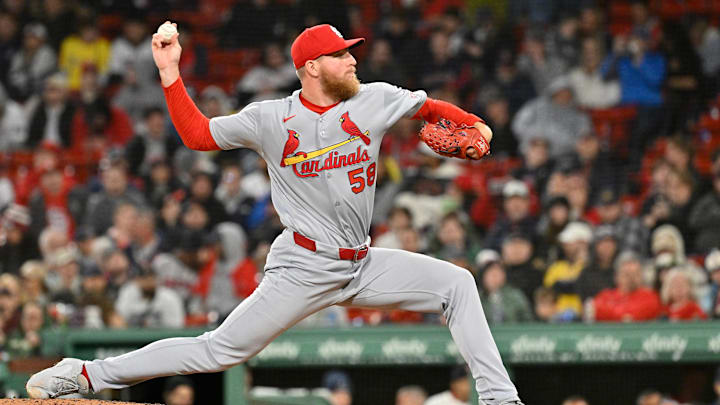 Apr 6, 2025; Boston, Massachusetts, USA; St. Louis Cardinals relief pitcher Chris Roycroft (58) pitches against the Boston Red Sox during the seventh inning at Fenway Park. Mandatory Credit: Eric Canha-Imagn Images