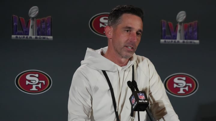 Feb 6, 2024; Las Vegas, NV, USA; San Francisco 49ers head coach Kyle Shanahan speaks during a press conference before Super Bowl LVIII at the Hilton Lake Las Vegas Resort. Mandatory Credit: Kirby Lee-USA TODAY Sports Feb 6, 2024; Las Vegas, NV, USA; San Francisco 49ers head coach Kyle Shanahan speaks during a press conference before Super Bowl LVIII at the Hilton Lake Las Vegas Resort. Mandatory Credit: Kirby Lee-USA TODAY Sports