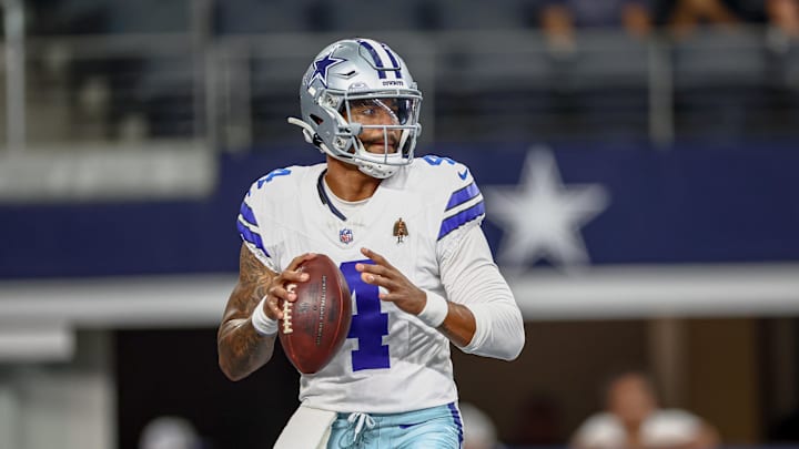 Dallas Cowboys quarterback Dak Prescott warms up before the preseason game against the Baltimore Ravens. Dallas Cowboys quarterback Dak Prescott warms up before the preseason game against the Baltimore Ravens.