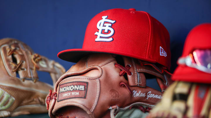 Sep 5, 2023; Atlanta, Georgia, USA; A detailed view of the hat and glove of St. Louis Cardinals second baseman Nolan Gorman (not pictured) before a game against the Atlanta Braves at Truist Park. Mandatory Credit: Brett Davis-Imagn Images Sep 5, 2023; Atlanta, Georgia, USA; A detailed view of the hat and glove of St. Louis Cardinals second baseman Nolan Gorman (not pictured) before a game against the Atlanta Braves at Truist Park. Mandatory Credit: Brett Davis-Imagn Images