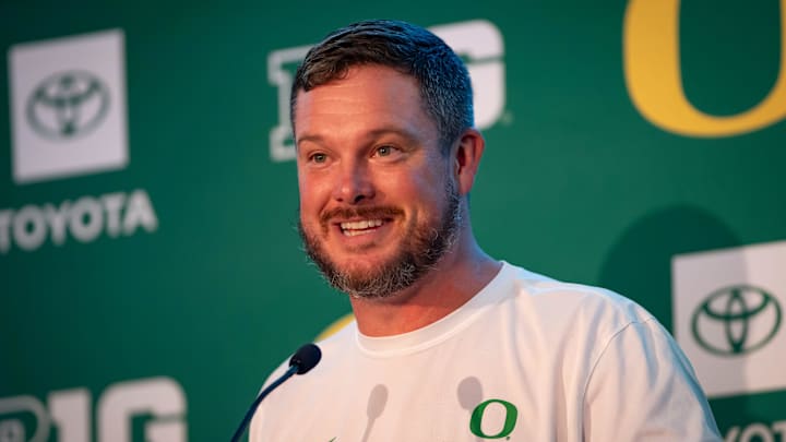 Oregon coach Dan Lanning speaks during Oregon football’s Media Day on July 28, 2025, at Autzen Stadium in Eugene.
